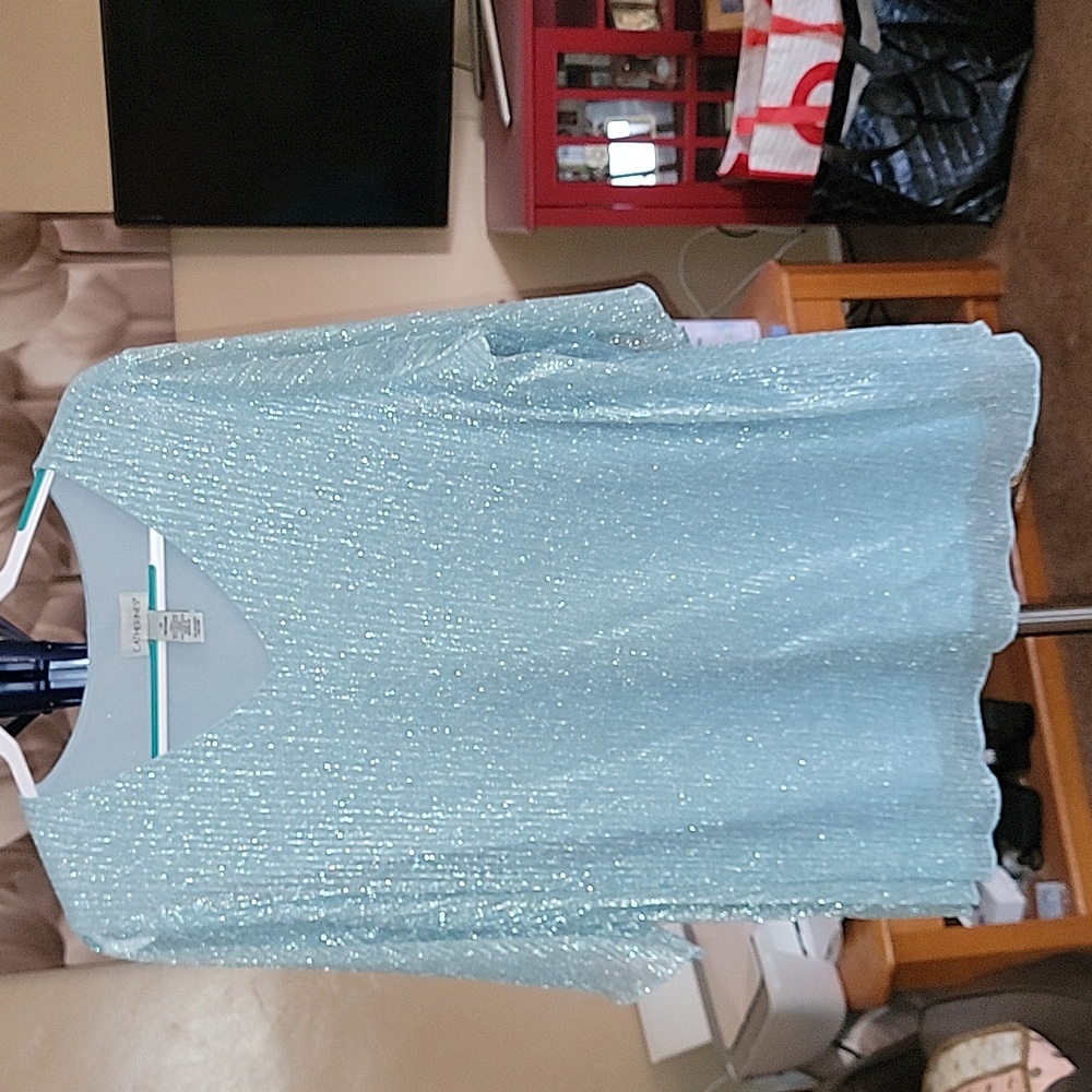 Catherines, sheer, 3/4 sleeve, sparkly, light blue blouse, 1x